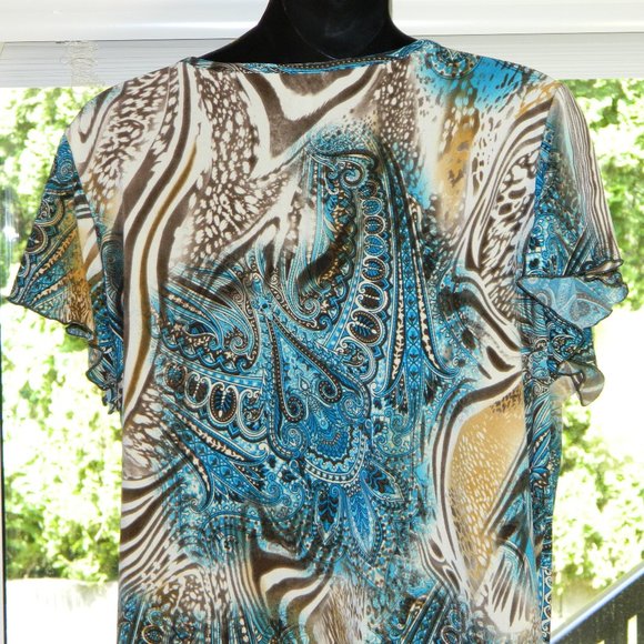 2 for/ $25 Jessica Cap Sleeve V-Neck Blouse Brown Blue Zebra Paisley Size 1X - Picture 11 of 16